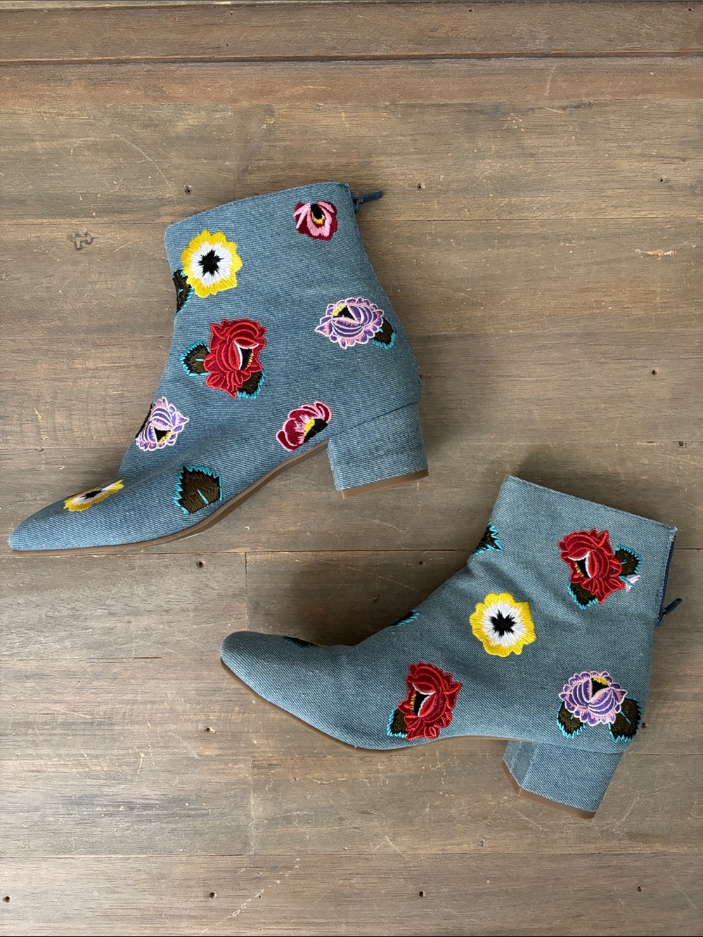 Betsey Johnson Twiggy denim floral ankle boots